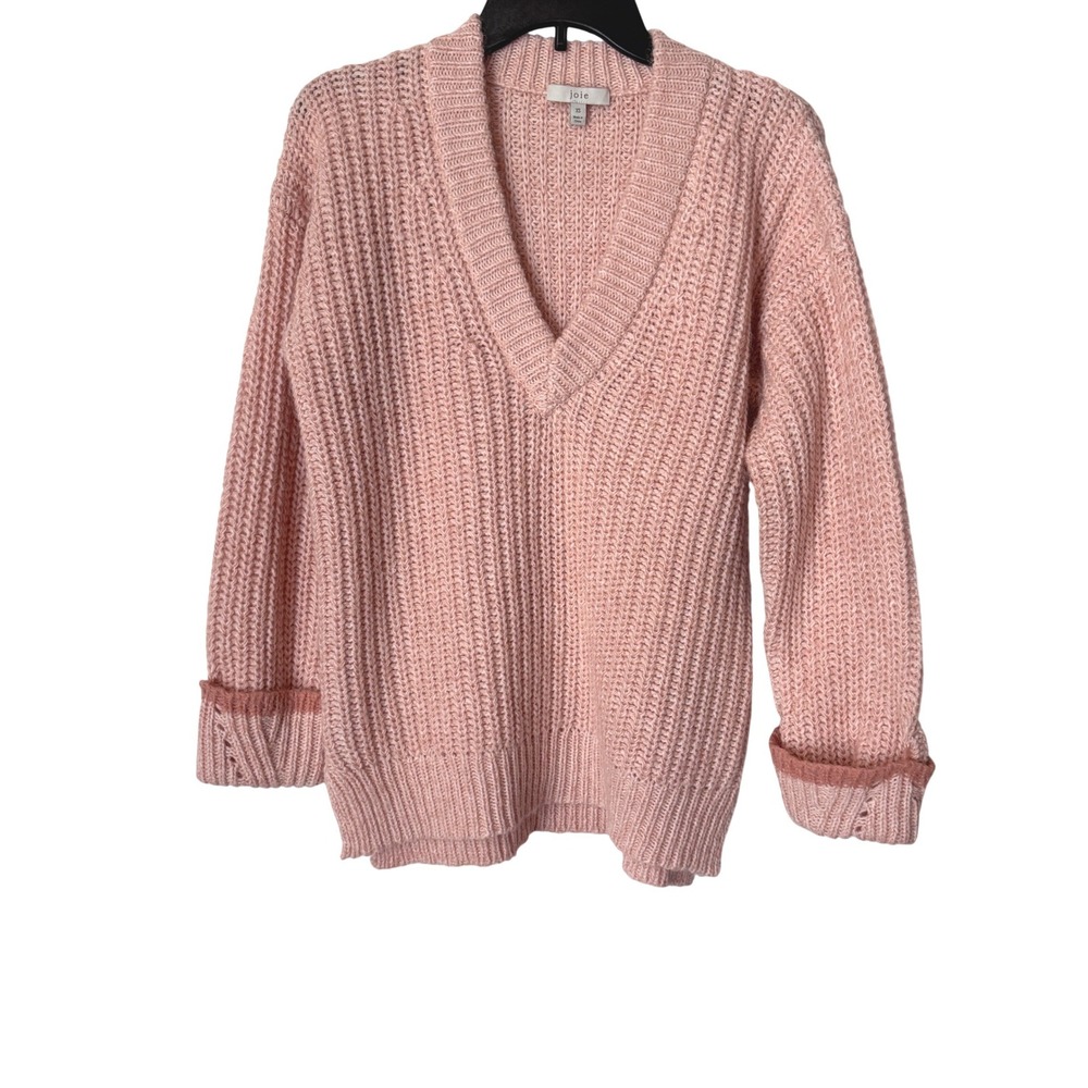 Joie Women XS Sweater V-Neck Ribbed Wool Alpaca Blend Pink Chunky Knit